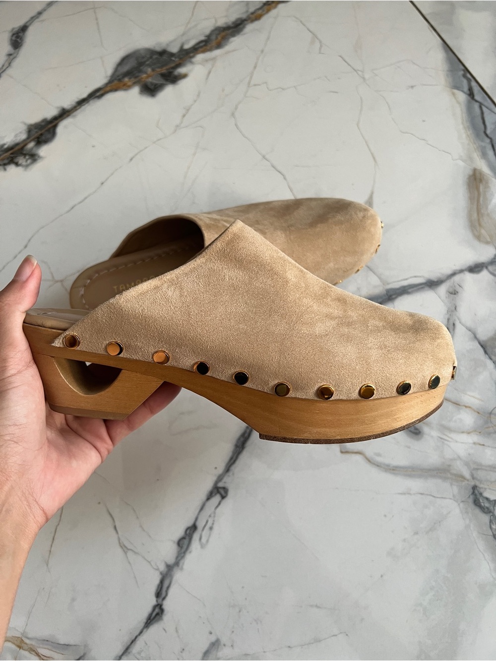 TAMARA MELLON Grass Roots Beige Tan Suede Clogs Studded Gold Details